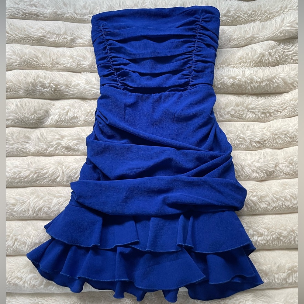 Lucy in the Sky Strapless Blue Ruffled Bodycon Dress